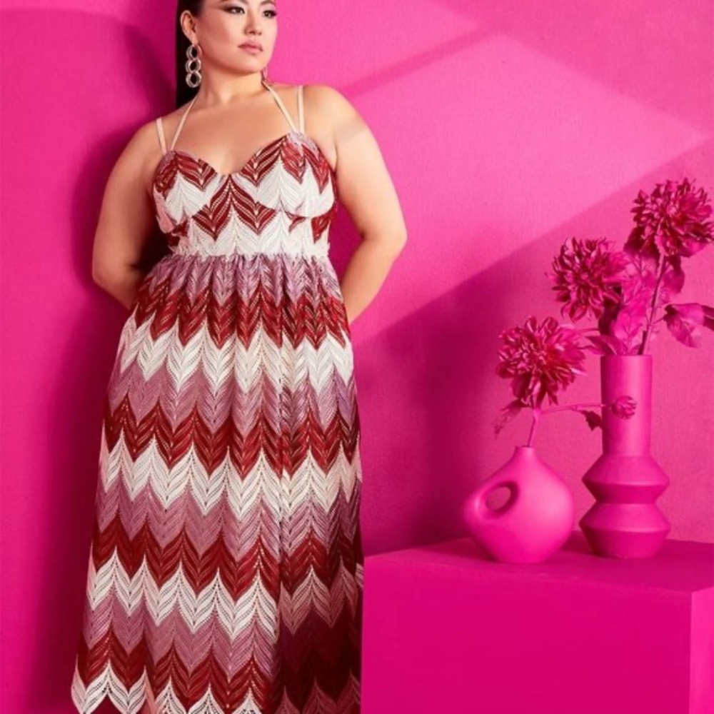 Eloquii Red and White Lace Chevron Dress Size 18